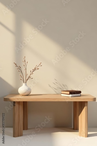 Minimalist wooden console table styled with dried floral arrangement and a stack of books against a neutral wall, bathed in soft sunlight