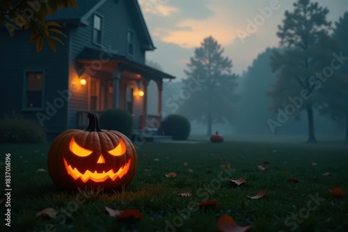 A Glowing Jack-o'-lantern Rests on a Dew-Kissed Lawn Before a Mysterious House Shrouded in an Autumn Mist