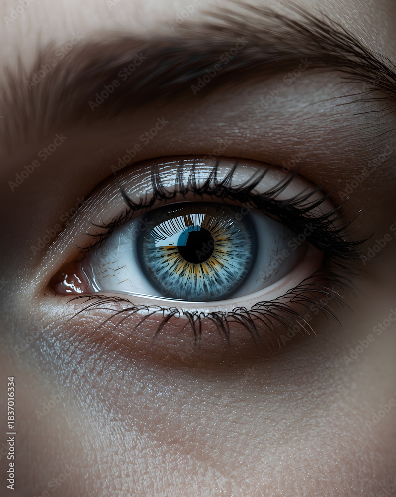 Fototapeta premium Extreme close up of human blue eye with detailed iris and eyelashes
