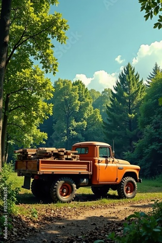 Rustic Orange Pickup Truck Hauling Lumber Through a Verdant Forest Landscape on a Sunny Day