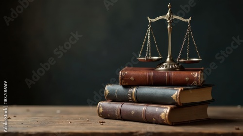 Scales of Justice Resting Upon Antique Law Books on a Wooden Surface