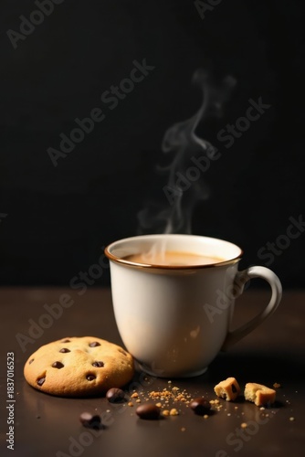 Aromatic Coffee Steaming in a Cup Beside a Delicious Chocolate Chip Cookie and Crumbs