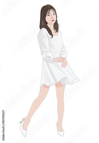 白いワンピースでポーズをとる若い女性イラスト