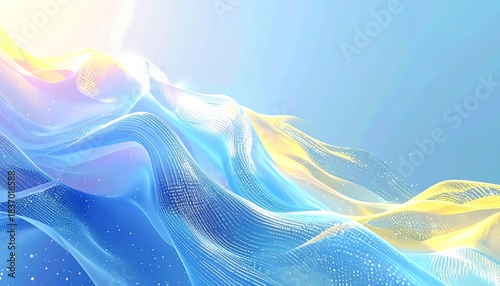 Abstract wavy surface, soft blue hues merging into yellows, creating a flowing, ethereal design with sparkling highlights