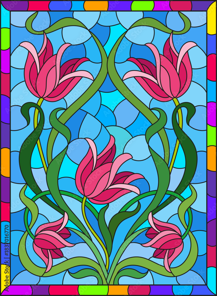 Fototapeta premium Illustration in stained glass style flower of pink lily on a blue background