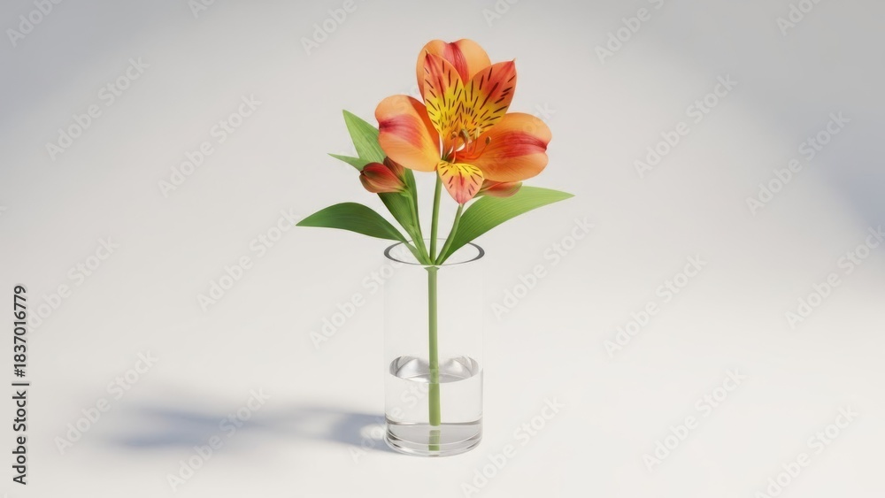 Obraz premium A single orange flower in a clear glass vase on a white background.