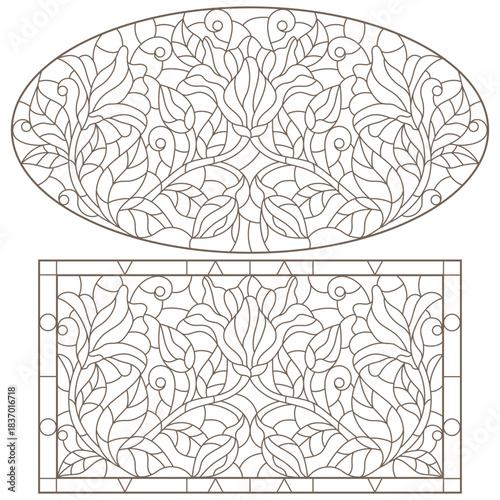 A set of contour illustrations of stained glass Windows with lilys in frames, dark contours on a white background, oval and rectangular image