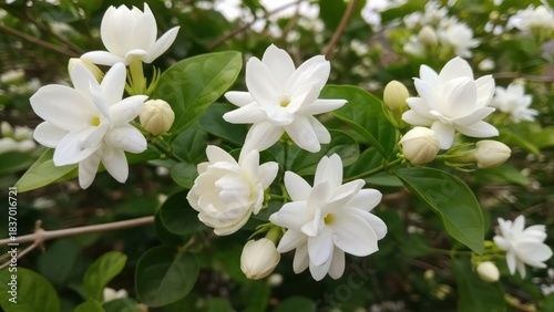 White jasmine flowers with green leaves on a tree branch.