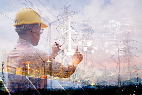 Engineer with hard hat standing against a double exposure background of city lights, solar panels, and wind turbines, symbolizing future energy technology and urban power systems.