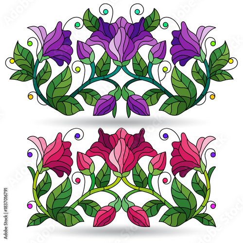 A set of stained glass illustrations with abstract colors, isolated on a white background
