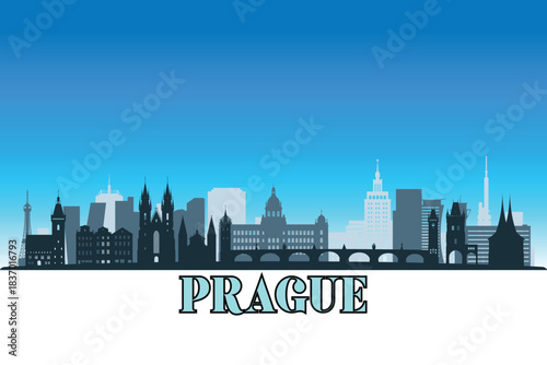 Global city Prague shown in a detailed vector skyline with a bright blue sky