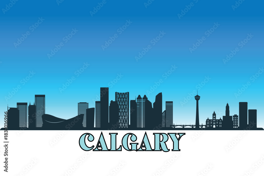 Fototapeta premium Global city Calgary shown in a detailed vector skyline with a bright blue sky