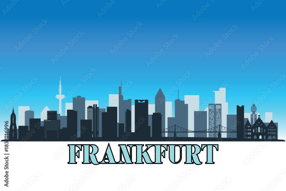 Naklejka premium Global city Frankfurt shown in a detailed vector skyline with a bright blue sky