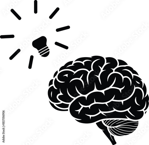 Brain with light bulb idea concept, innovation creativity intelligence symbol, problem solving design, educational science icon, cad drawing flat vector illustration
