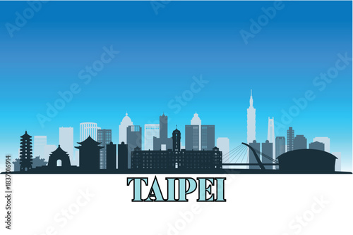 Global city Taipei shown in a detailed vector skyline with a bright blue sky