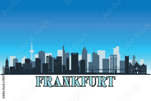 Global city Frankfurt shown in a detailed vector skyline with a bright blue sky