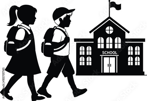 Flat vector illustration of school children walking to school building, kids with backpacks going to class, education concept, school life, student silhouette, back to school.