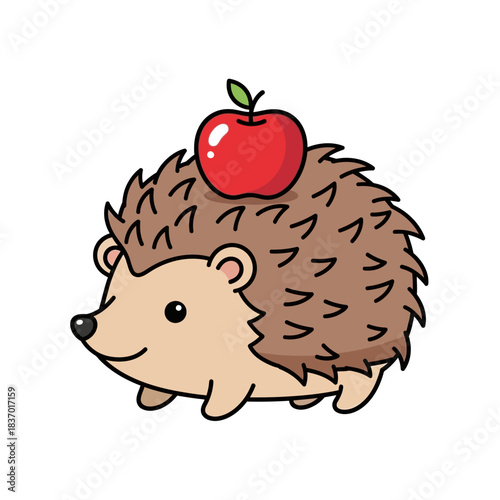 Cute cartoon hedgehog with a bright red apple balanced perfectly on its prickly brown back