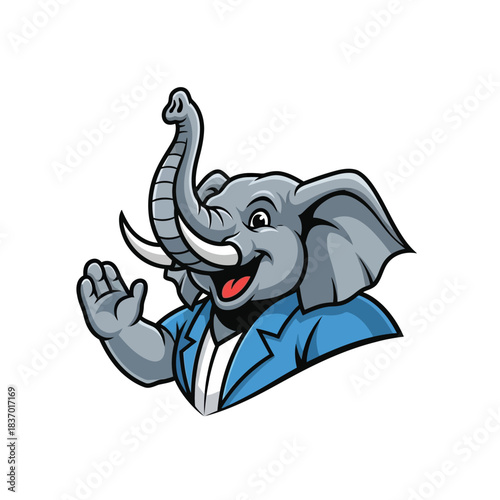 Friendly cartoon elephant mascot wearing a blue suit jacket waves hello with a cheerful expression