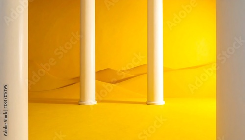 Abstract yellow scene white pillars against a textured backdrop with subtle, curving shadows creating dimension