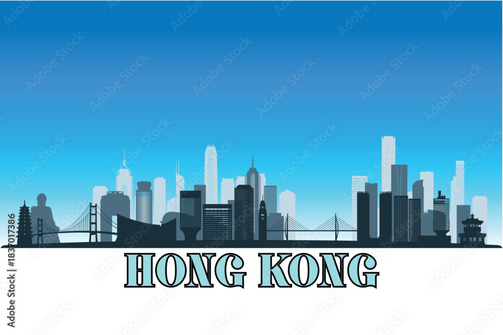 Naklejka premium Global city Hong Kong shown in a detailed vector skyline with a bright blue sky