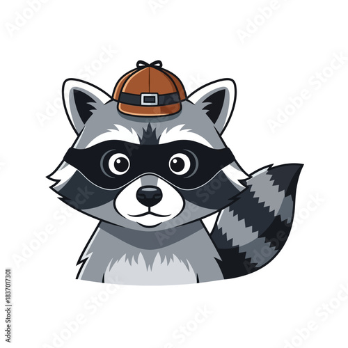 Cute cartoon raccoon mascot wearing a detective deerstalker hat peeking from the side