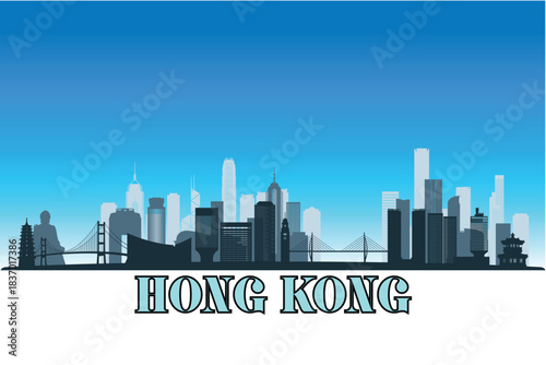 Global city Hong Kong shown in a detailed vector skyline with a bright blue sky