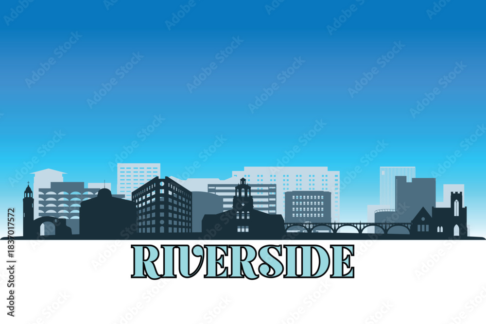Naklejka premium Global city Riverside shown in a detailed vector skyline with a bright blue sky