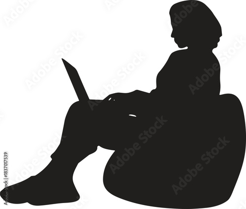 Woman working on laptop sitting on bean bag, freelancer silhouette, remote work concept, cad drawing flat vector illustration, office