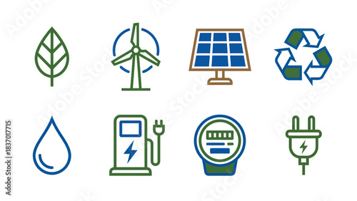 Clean Energy Icons Set Renewable Power Sources Electric Vehicle Charging Water and Sustainability Symbols for Eco Friendly Concepts