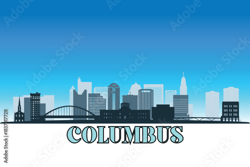 Global city Columbus shown in a detailed vector skyline with a bright blue sky