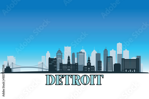Global city Detroit shown in a detailed vector skyline with a bright blue sky