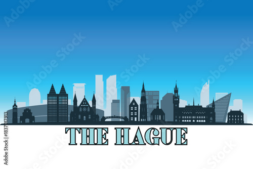 Global city The Hague shown in a detailed vector skyline with a bright blue sky