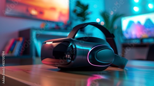 A photo of a futuristic VR headset on a desk.