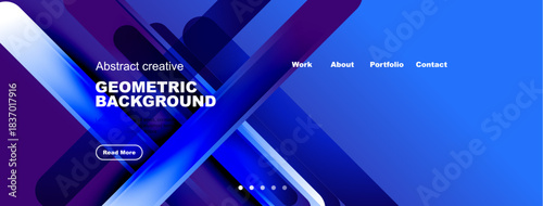 Modern website header design. Geometric shapes, blue tones, text elements present. Clean layout for digital interface.