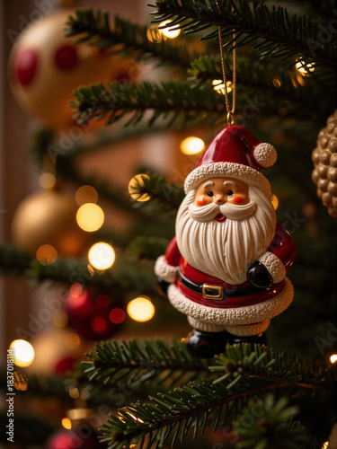 Christmas tree adorned with a ceramic Santa Claus ornament