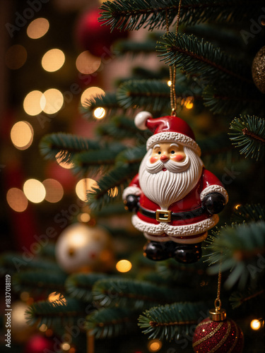 Christmas tree adorned with a ceramic Santa Claus ornament