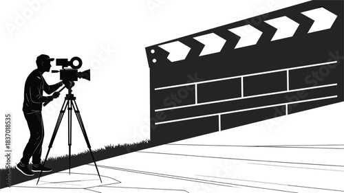 Filmmaker with camera and tripod in front of a large clapperboard on white background Keywords: filmmaking, movie, cinema, film