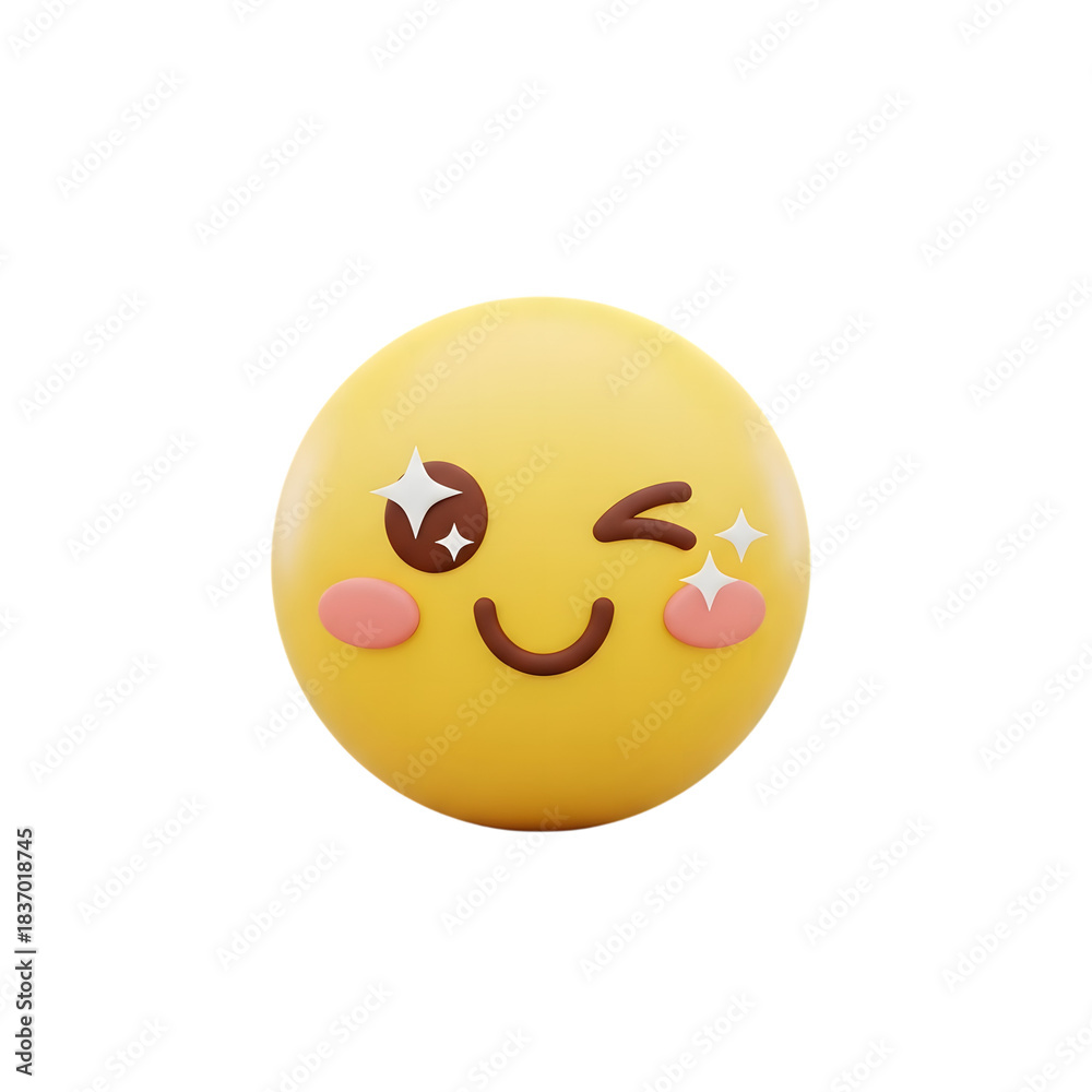 Fototapeta premium Cute winking yellow smiley face emoji with rosy cheeks isolated on transparent background