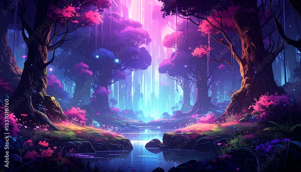 Obraz premium A vibrant fantasy forest with a stream, featuring glowing trees, foliage, and a mystical, ethereal atmosphere