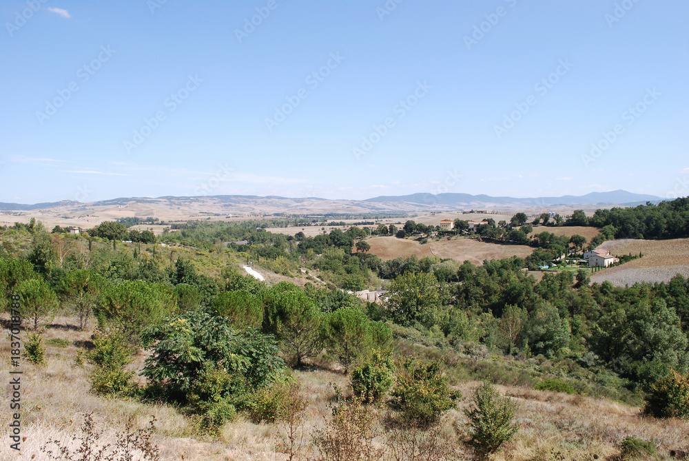 Fototapeta premium Panorama della Val d'Orcia da Bagno Vignoni in provincia di Siena, Toscana, Italia.