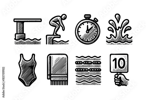 A set of hand-drawn doodle icons representing swimming competition elements like a diving board, swimmer, stopwatch, and swimsuit — stock vector.