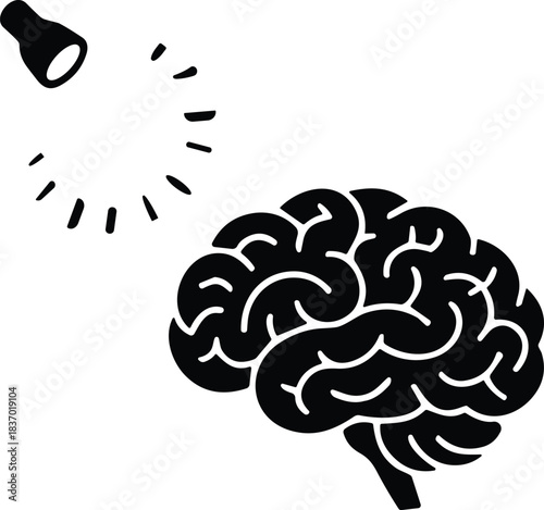 Brain with light bulb idea concept, human intelligence symbol, creative thinking design, innovation and knowledge vector, cad drawing flat vector illustration