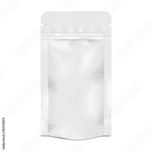 White blank tear notch zip lock stand-up pouch. Realistic 3d vector mockup. Bottom gusseted zipper sachet package. Easy editable mock-up. Resealable standup plastic bag. Template for design