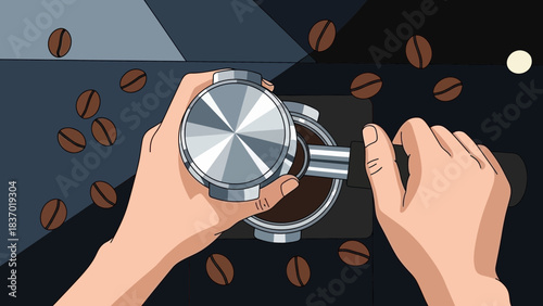 Animated hands holding espresso portafilter with coffee grounds and beans, top view, concept for cafe branding, digital marketing and barista workshop