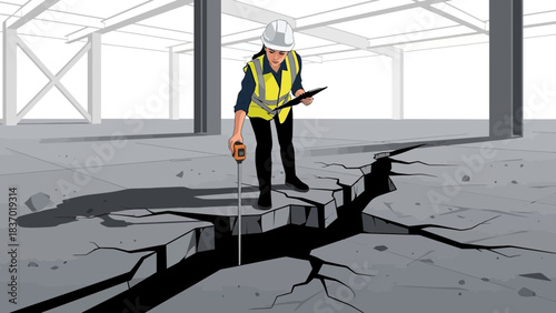 Female engineer inspecting large crack on industrial concrete floor with measuring tool and clipboard, concept for structural damage assessment, construction safety and risk management