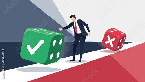 Businessman pointing to a green checkmark die, contrasting with a red X-mark die for decision, concept for business decision-making, strategic choice and risk assessment