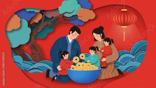 Joyful Asian family collecting golden Chinese coins in a bowl, featuring traditional lantern and tree, concept for Chinese New Year, wealth prosperity and family celebration