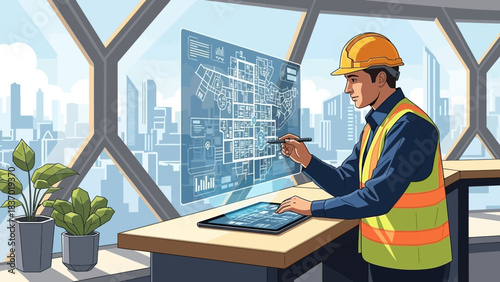 Engineer working with holographic city map and tablet in a modern office overlooking city skyline, concept for urban development, technological innovation and future architecture