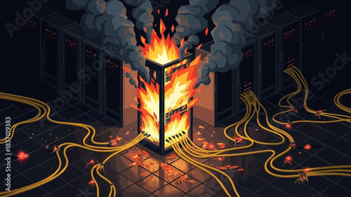 Data center server rack engulfed in flames and smoke with damaged cables on floor, concept for system failure illustration, data loss warning and cybersecurity risk awareness